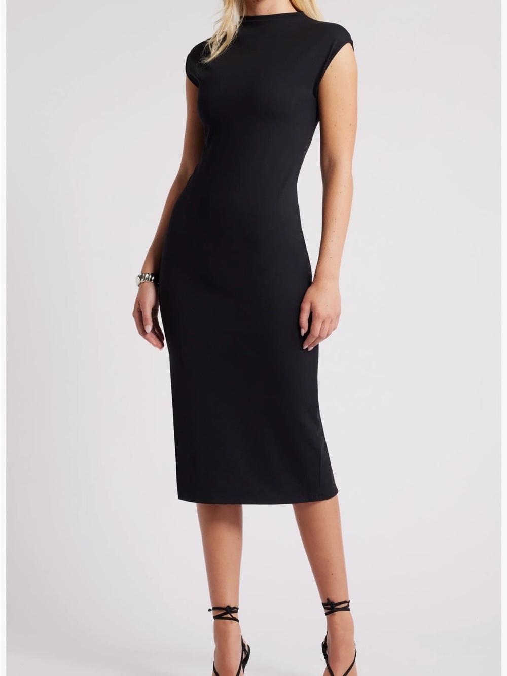 Open Edit Black Mock Neck Midi Dress Size Large Minimalist Quiet Luxury